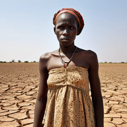 Home 11 **Image of Maria:** "A young Senegalese woman, Maria, stands in a dry, cracked field, gazing towards the horizon with a mix of despair and determination in her eyes. The background features a desolate landscape with withered crops and a clear, hot sky, symbolizing the desertification that forced her to leave her village. Capture her resilience despite the hardship."