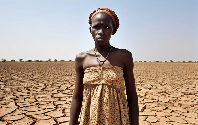 **Image of Maria:** "A young Senegalese woman, Maria, stands in a dry, cracked field, gazing towards the horizon with a mix of despair and determination in her eyes. The background features a desolate landscape with withered crops and a clear, hot sky, symbolizing the desertification that forced her to leave her village. Capture her resilience despite the hardship."