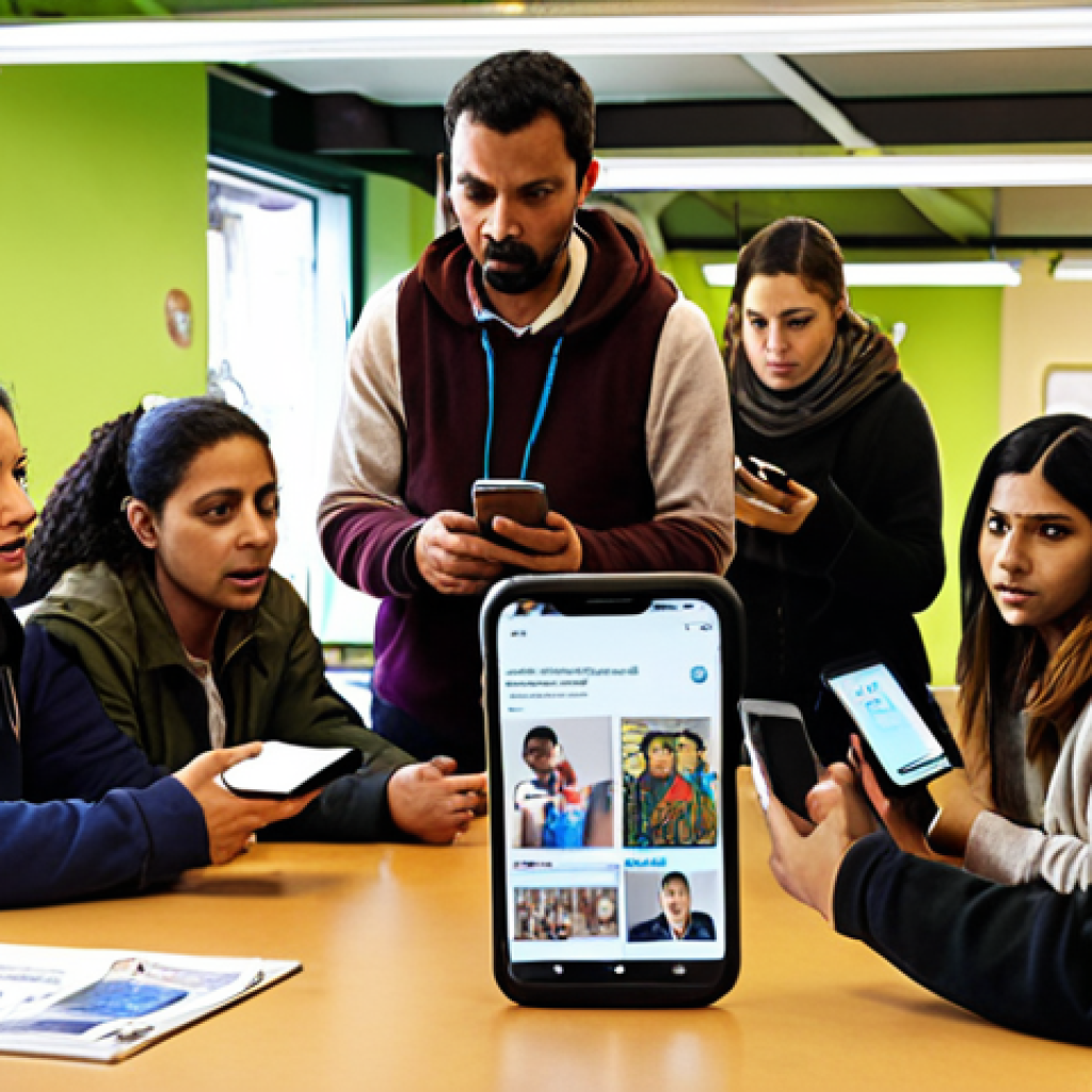 **Image:** A diverse group of people, including environmental migrants, participating in a digital literacy workshop in a community center. The facilitator is demonstrating how to identify fake news on a smartphone. The scene is bright and welcoming, with Italian signage and learning materials visible.