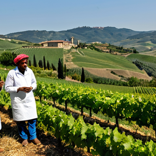 **

"A group of environmental migrants, fully clothed in professional and modest attire suitable for the Italian climate, are participating in a sustainable farming workshop in Tuscany, Italy. They are learning about organic agriculture techniques from a local Italian farmer. Rolling hills and vineyards in the background. Safe for work, appropriate content, professional, perfect anatomy, correct proportions, natural pose, well-formed hands, proper finger count, family-friendly, high quality, natural lighting."

**