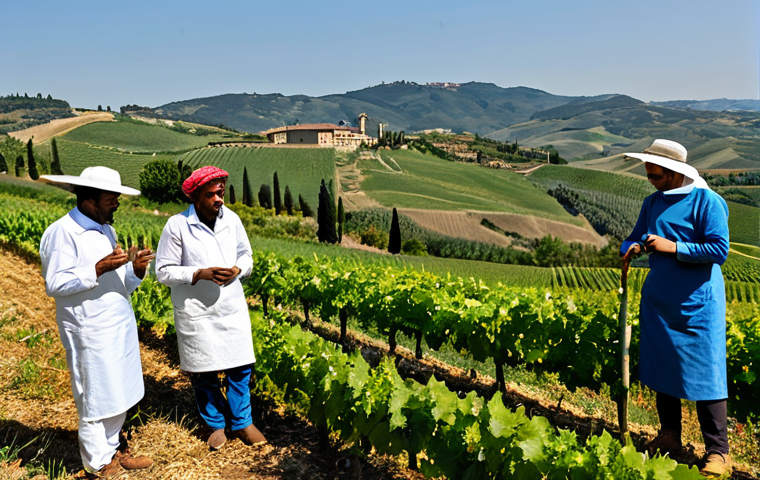 **

"A group of environmental migrants, fully clothed in professional and modest attire suitable for the Italian climate, are participating in a sustainable farming workshop in Tuscany, Italy. They are learning about organic agriculture techniques from a local Italian farmer. Rolling hills and vineyards in the background. Safe for work, appropriate content, professional, perfect anatomy, correct proportions, natural pose, well-formed hands, proper finger count, family-friendly, high quality, natural lighting."

**