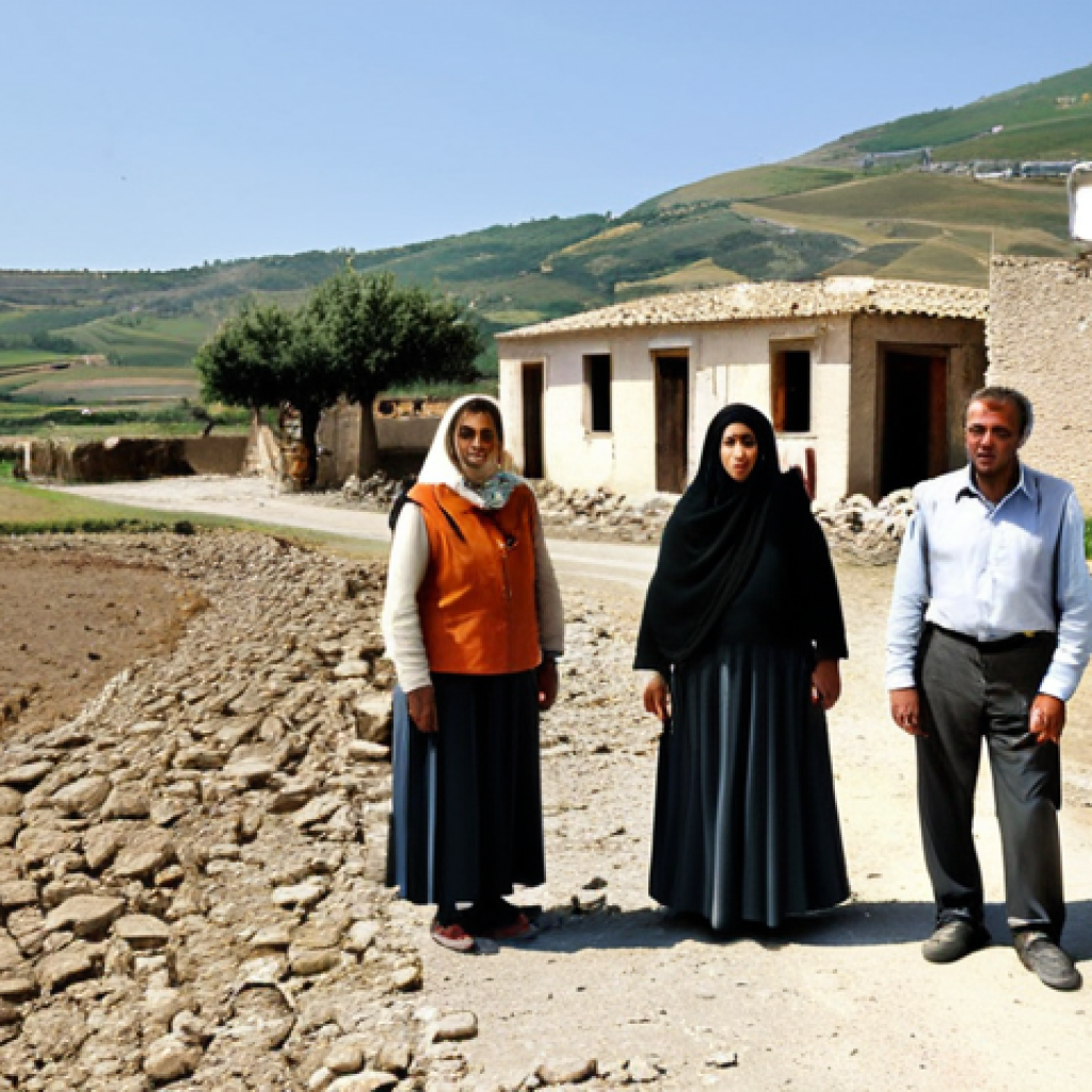 **

A group of families, fully clothed in appropriate attire, stands near a damaged village in Sicily, Italy, after a severe drought. The landscape is arid and cracked. In the background, a relief organization distributes water. The scene is filled with a sense of hope amidst hardship. Safe for work, appropriate content, modest clothing, professional photography, realistic, perfect anatomy, natural proportions.

**
