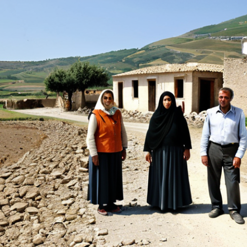 **

A group of families, fully clothed in appropriate attire, stands near a damaged village in Sicily, Italy, after a severe drought. The landscape is arid and cracked. In the background, a relief organization distributes water. The scene is filled with a sense of hope amidst hardship. Safe for work, appropriate content, modest clothing, professional photography, realistic, perfect anatomy, natural proportions.

**