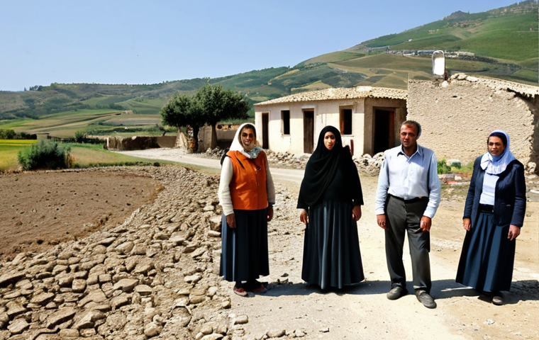 **

A group of families, fully clothed in appropriate attire, stands near a damaged village in Sicily, Italy, after a severe drought. The landscape is arid and cracked. In the background, a relief organization distributes water. The scene is filled with a sense of hope amidst hardship. Safe for work, appropriate content, modest clothing, professional photography, realistic, perfect anatomy, natural proportions.

**