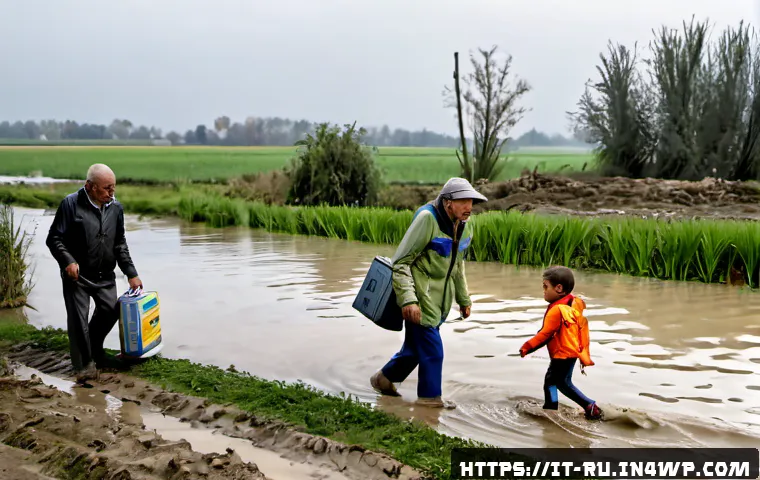 Home 13 환경이주민의 증가 원인 - Photorealistic documentary-style scene of an Italian family relocating after severe flooding in the ...