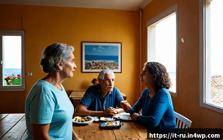 Home 14 환경이주민의 세대 간 갈등 문제 - Photorealistic editorial scene in a modest coastal Italian apartment, an elderly Italian couple and ...